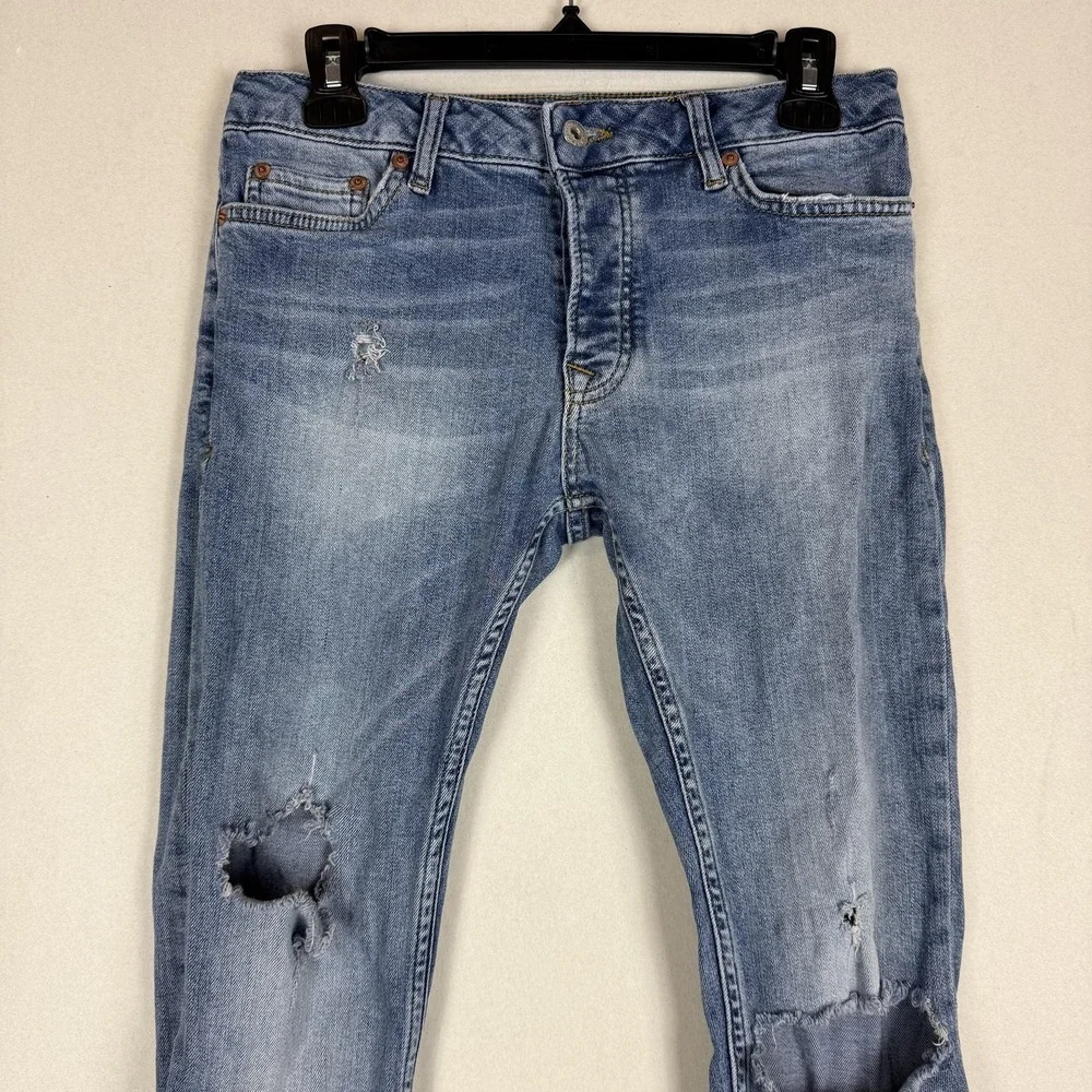 Topman‎ Jeans Mens 30x29 Blue Medium Wash Slim Skinny Distressed Stretch Denim
